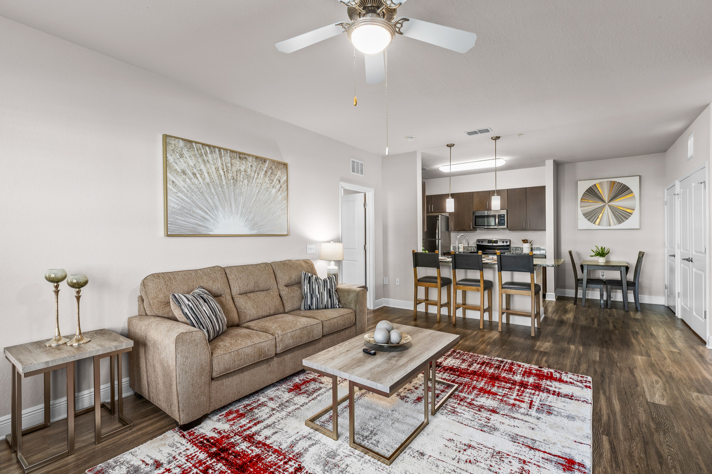 Atwater model unit living room and kitchen