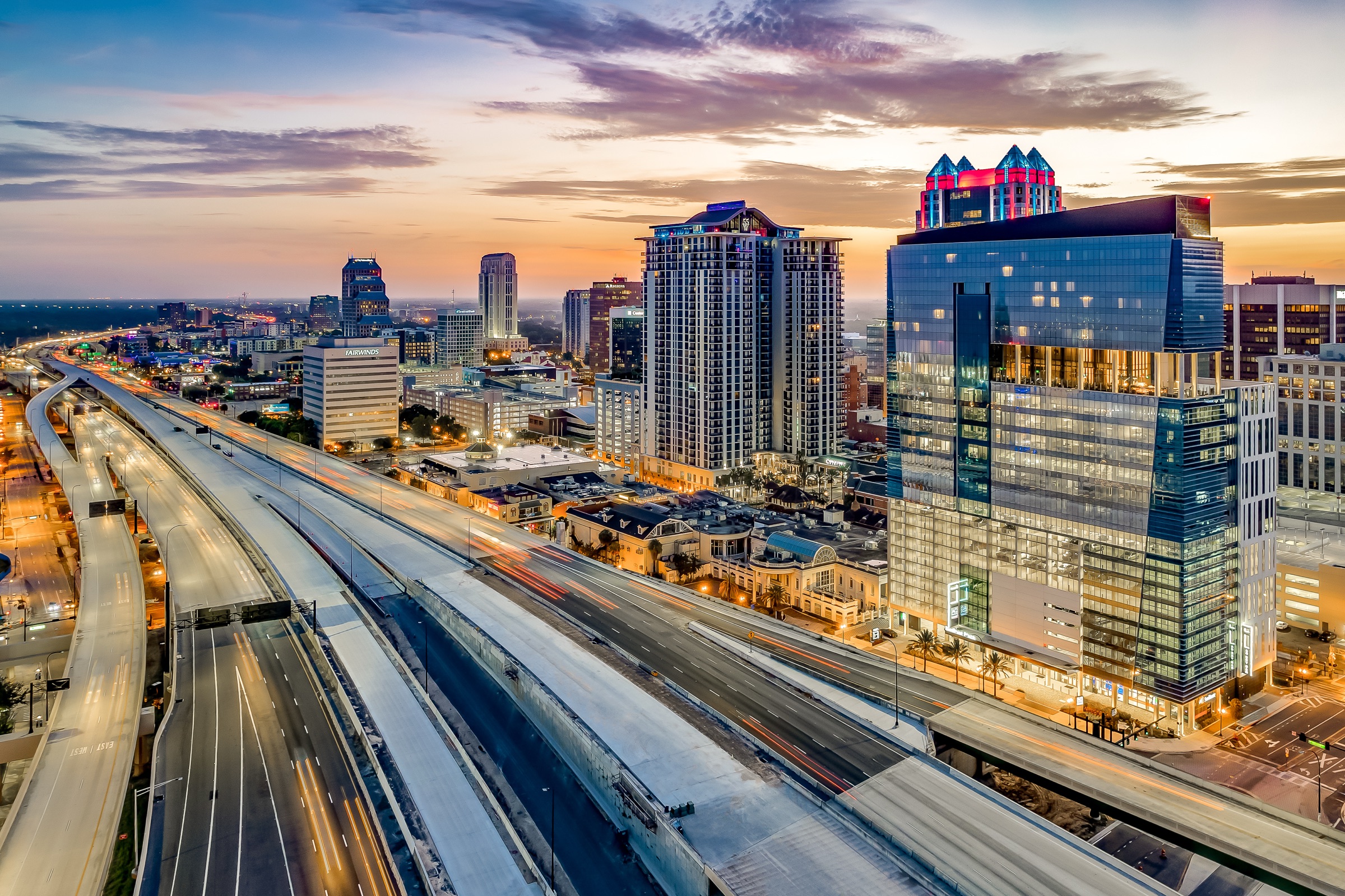 Commercial urban tower and city architecture at twilight