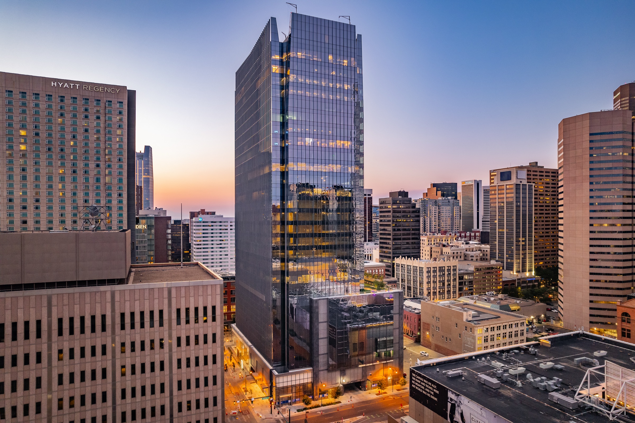 Commercial downtown tower with evening atmosphere