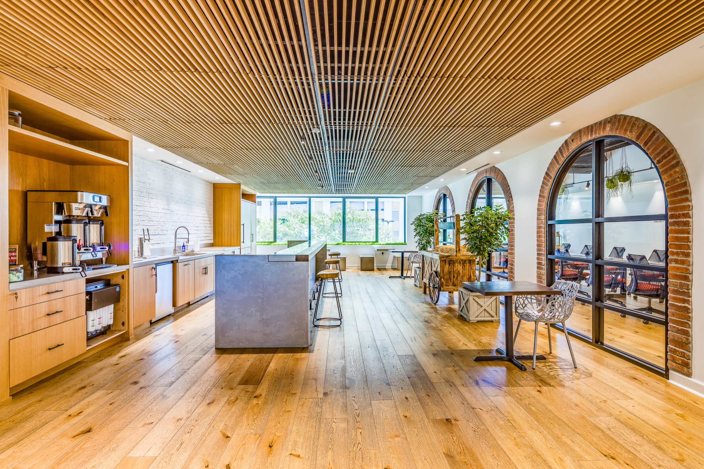 Commercial warm interior with polished seating and materials