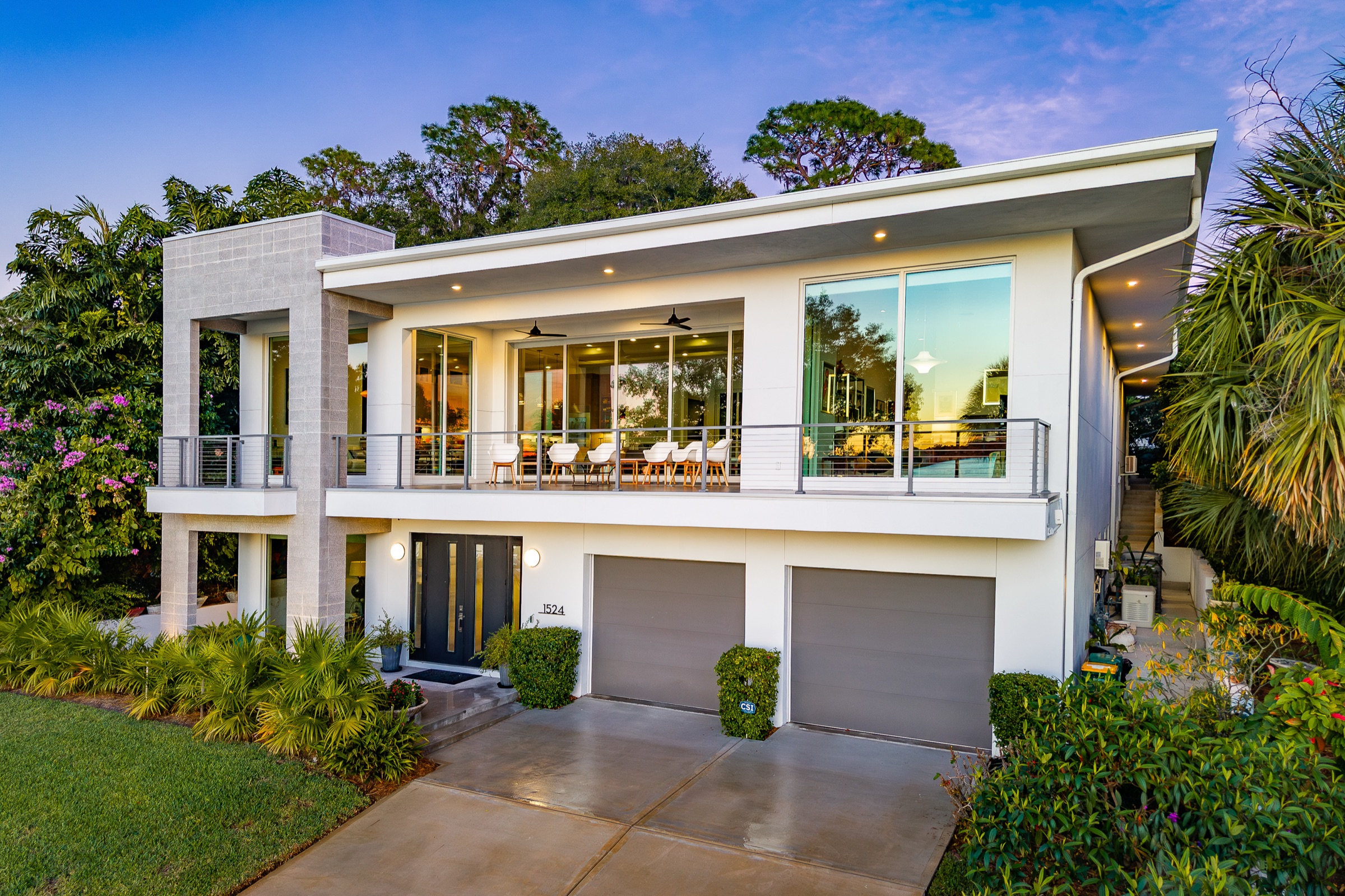 Residential lakefront architecture at twilight