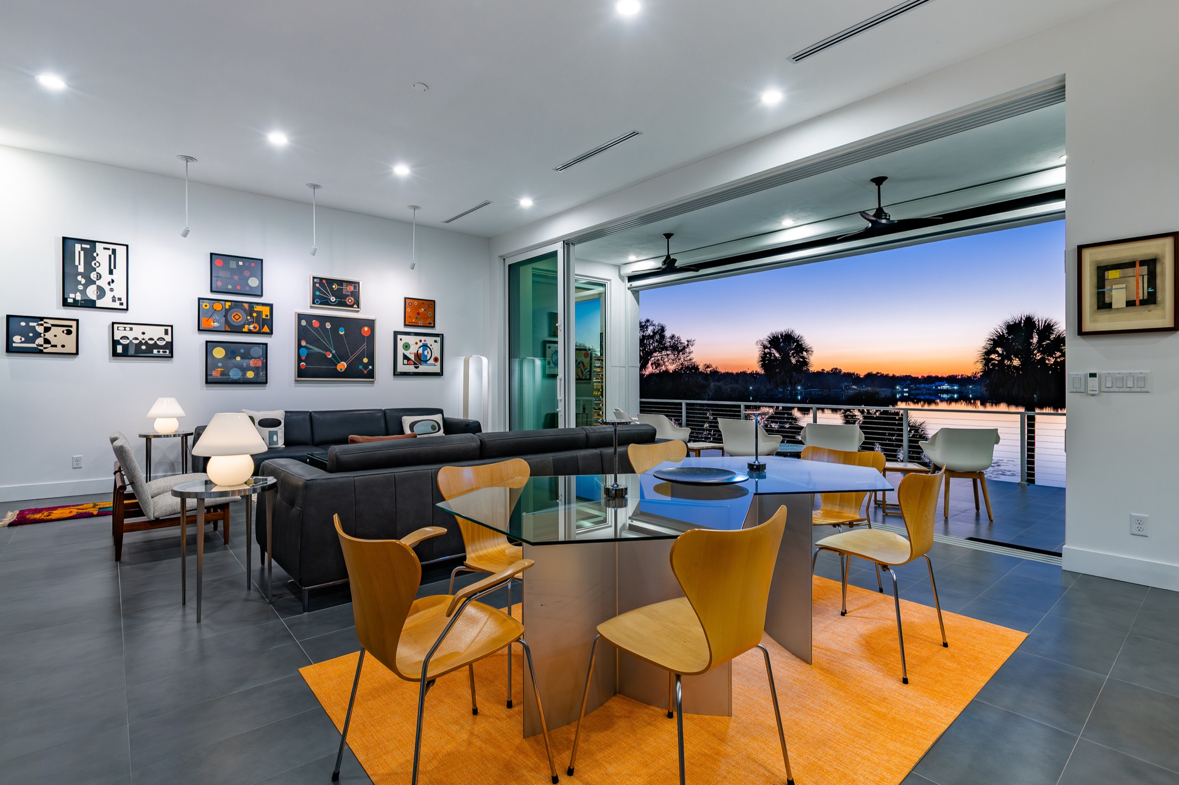 Residential indoor outdoor living at dusk