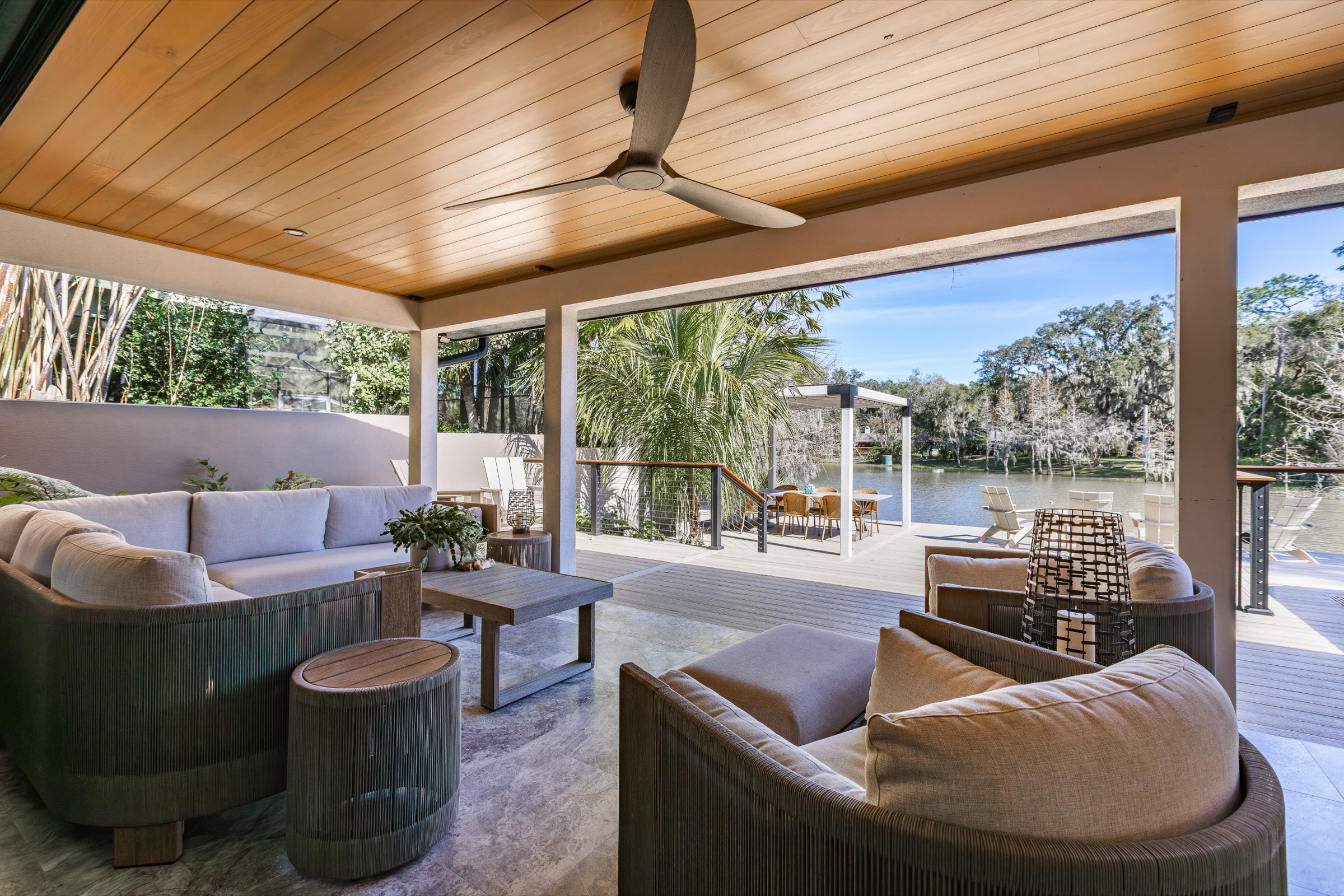Residential terrace with lake view and indoor outdoor living
