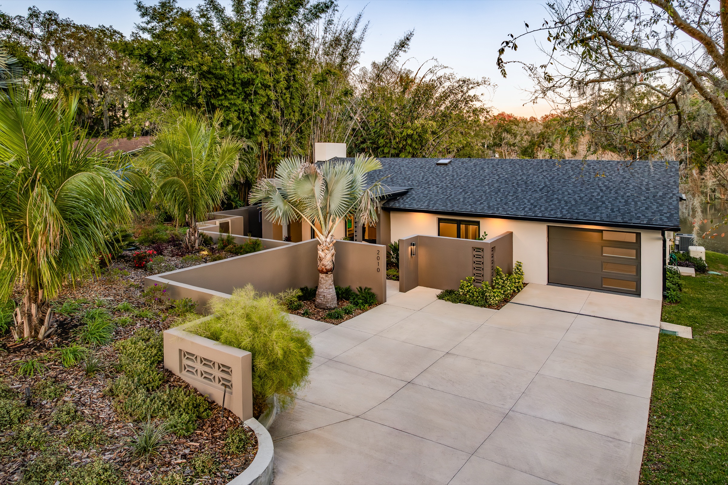 Residential twilight arrival and warm exterior character