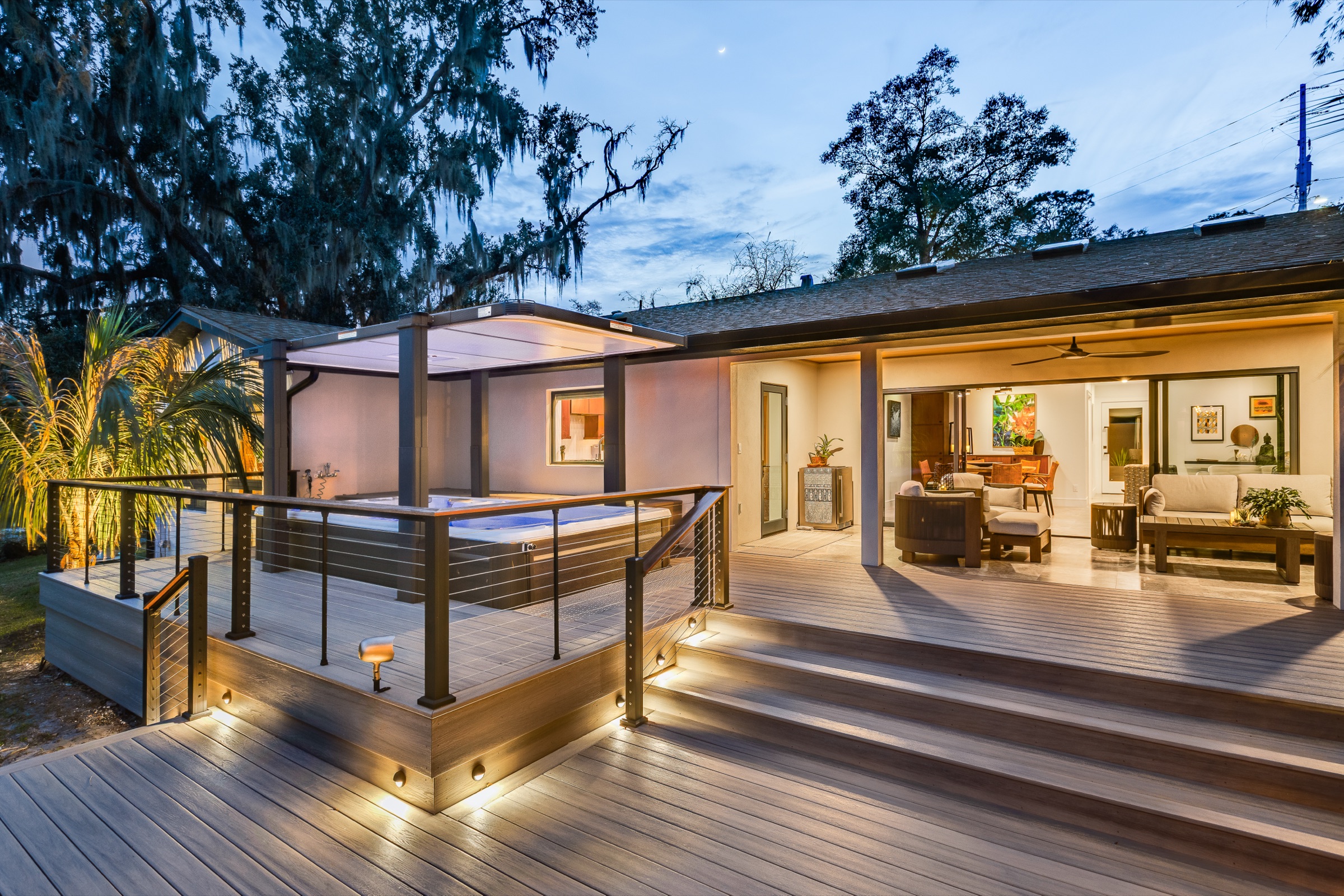 Residential Hillside twilight exterior and outdoor living closer