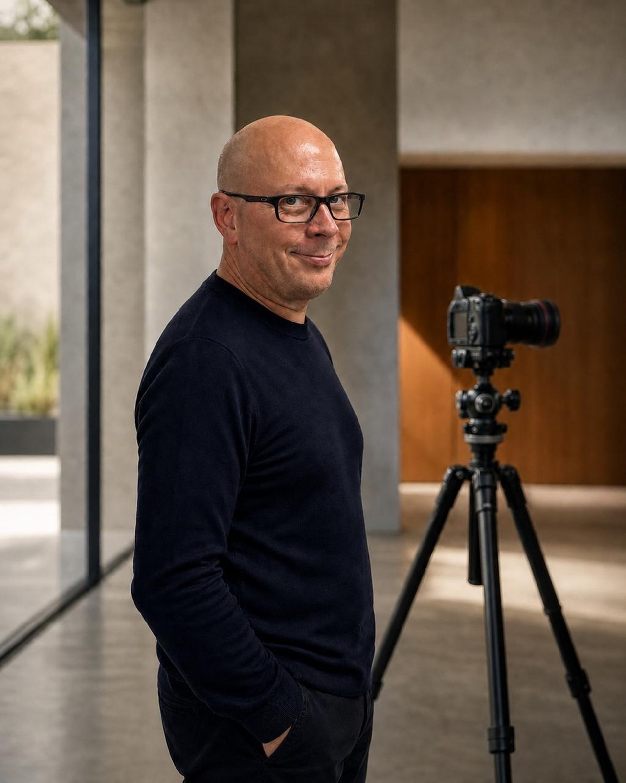 Temporary editorial portrait of Stephen Flint in an architectural interior with camera equipment